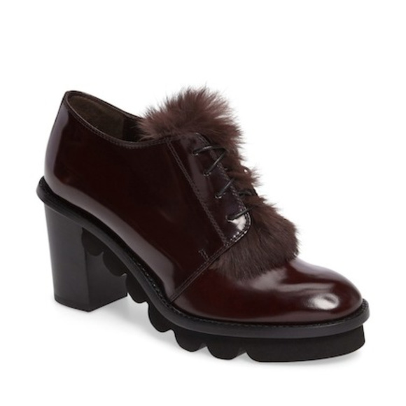 Attilio Giusti Leombruni Shoes - AGL Rolo Block Heel Genuine Rabbit Fur Trim Oxford